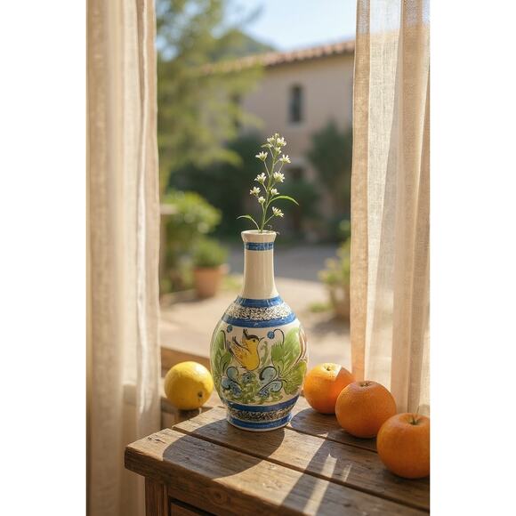 Mexican Talavera Pottery Vase-Hand Painted Bird-Blue Green-13''-Puebla-Ceramic - Picture 5 of 8